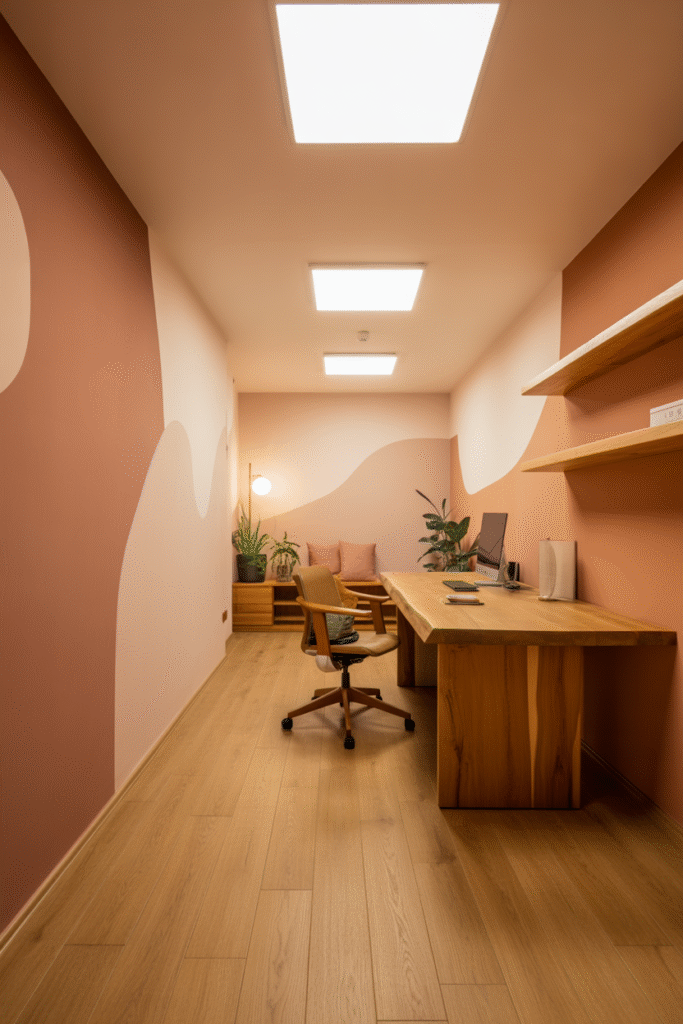 Bright basement office with no windows and with
pastel clay tones walls and natural wood tones for a spacious feel.
less Magic Prompt