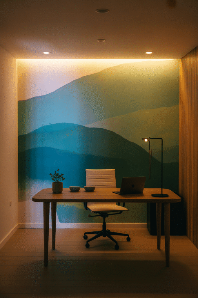 A modern basement office interior featuring a
windowless space anchored by a large abstract mural positioned behind a sleek wooden desk.