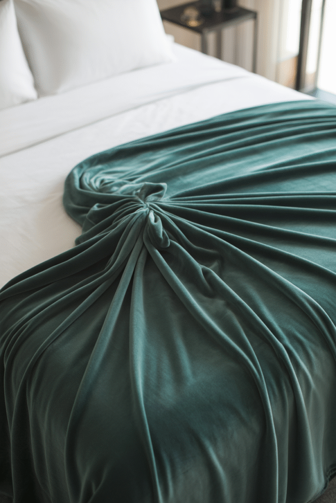 Cozy velvet blanket draped across the middle third of the bed and gently gathered at the center with a loose tie for sculptural texture.