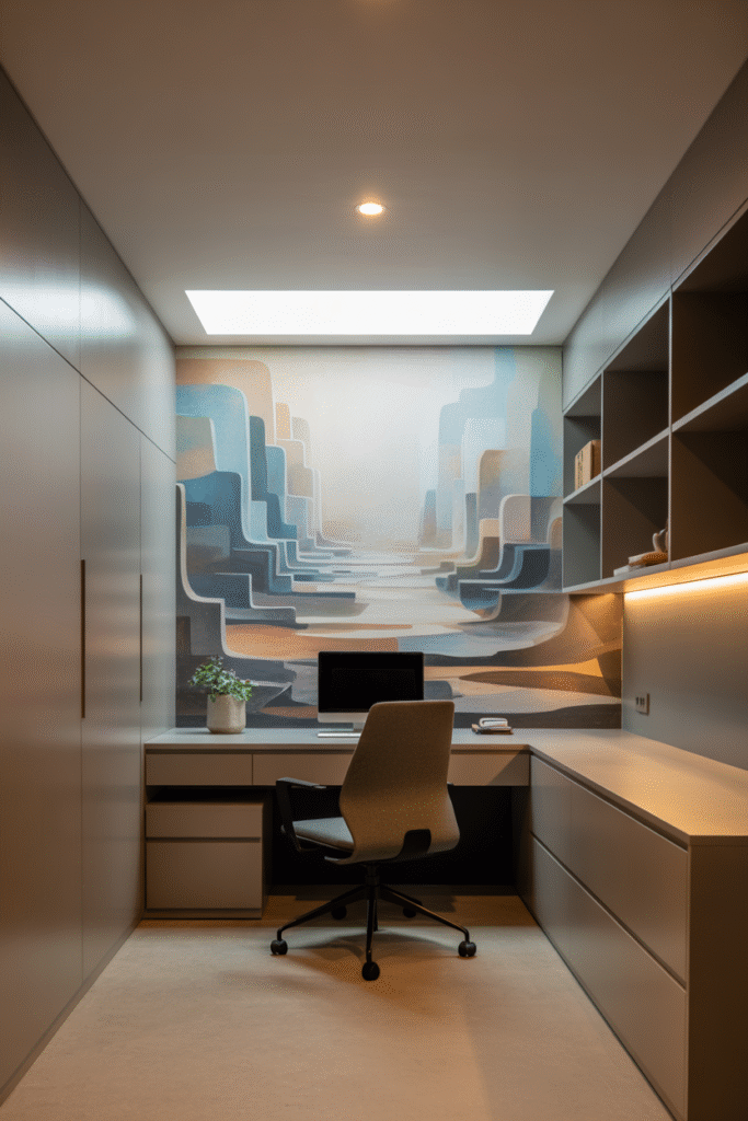 A modern basement office interior featuring a
windowless space anchored by a large abstract mural positioned behind a sleek wooden desk.