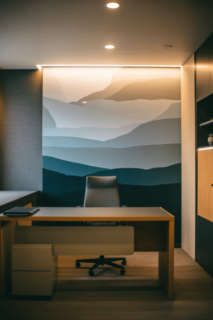 A modern basement office interior featuring a
windowless space anchored by a large abstract mural positioned behind a sleek wooden desk.