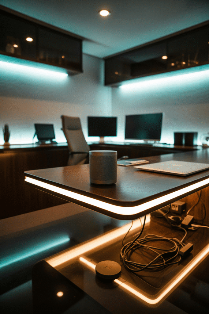 Basement office using smart lighting and technology for modern comfort and efficiency.