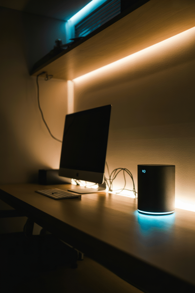 Basement office using smart lighting and technology for modern comfort and efficiency.