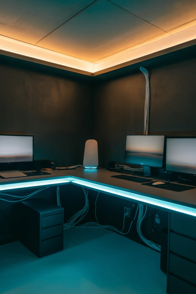 Basement office using smart lighting and technology for modern comfort and efficiency.