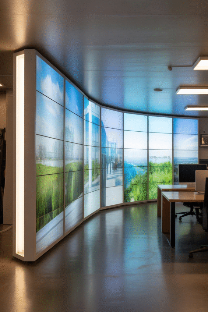 Windowless basement office with light panels imitating outdoor window views.