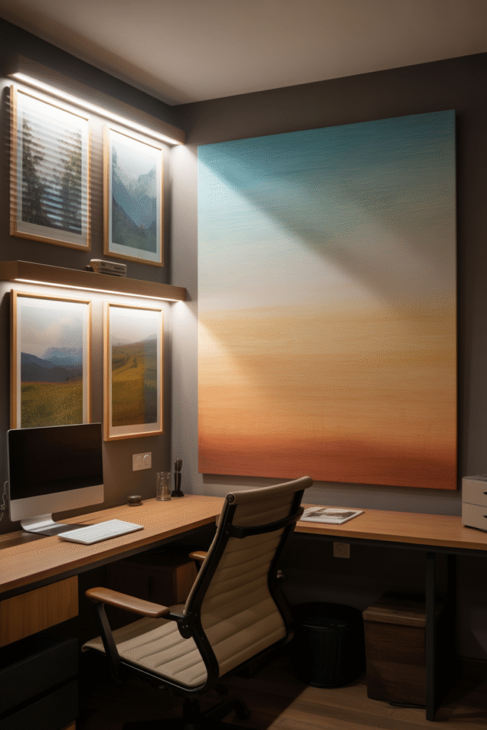 Windowless basement office with light panels imitating outdoor window views.