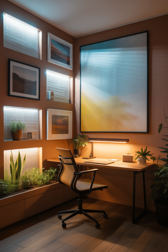Windowless basement office with light panels imitating outdoor window views.
