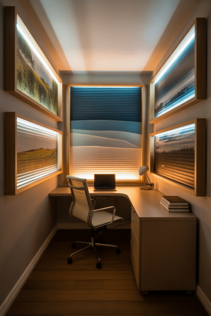 Windowless basement office with light panels imitating outdoor window views.