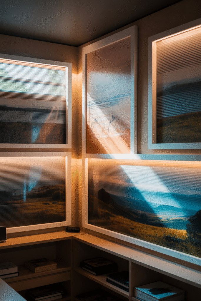 Windowless basement office with light panels imitating outdoor window views.