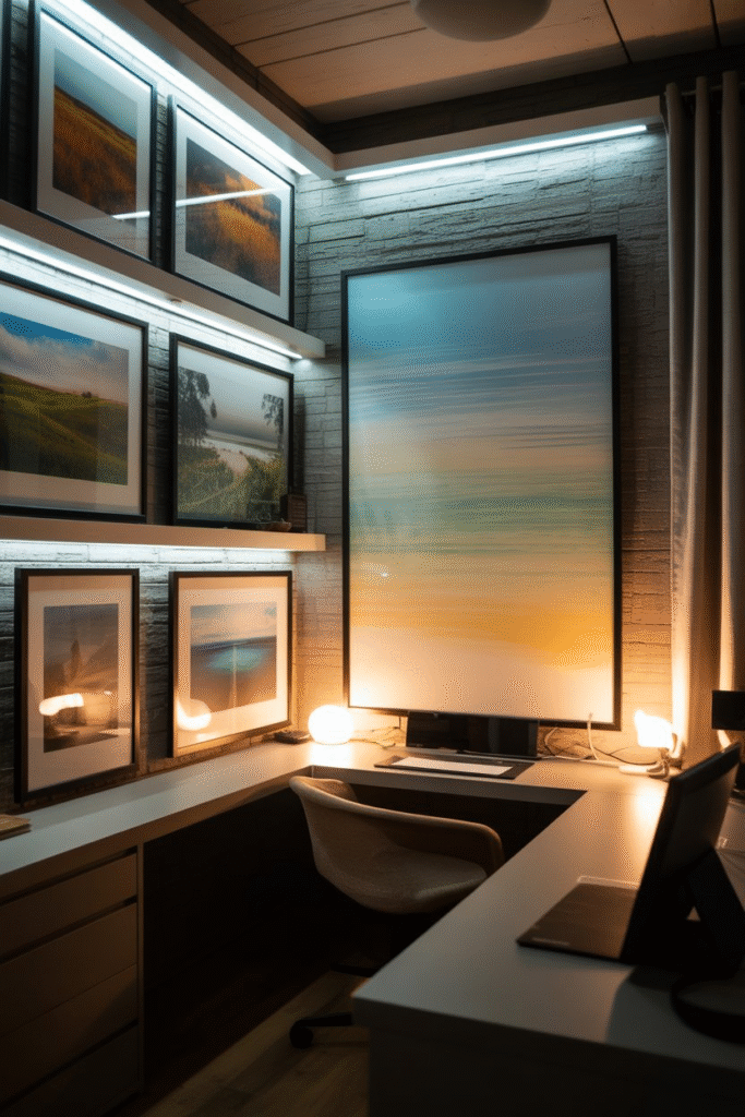 Windowless basement office with light panels imitating outdoor window views.