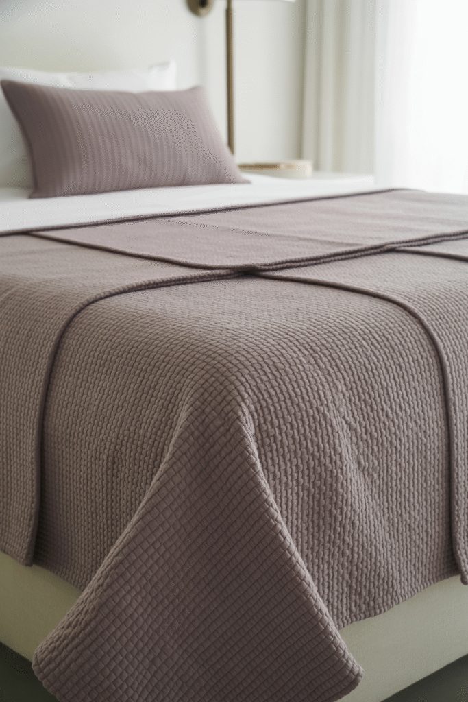 Tailored bed styling showing a blanket neatly tucked under the mattress with crisp, mitered corners for a clean geometric finish.