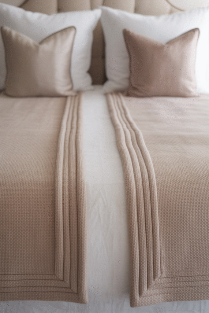 Modern bedroom with two narrow blankets folded along each side of the bed to frame the mattress and highlight decorative pillows.