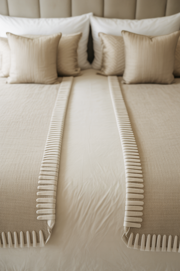 Modern bedroom with two narrow blankets folded along each side of the bed to frame the mattress and highlight decorative pillows.