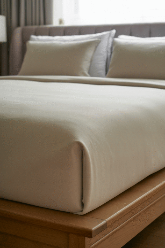 French-inspired bed with a blanket wrapped smoothly around the footboard for a tailored, custom look.
