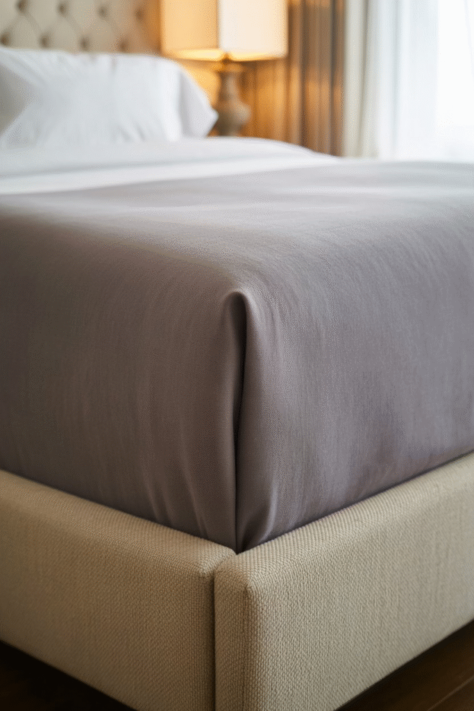 French-inspired bed with a blanket wrapped smoothly around the footboard for a tailored, custom look.