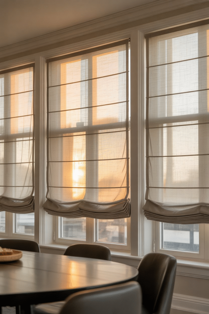 Tall roman shades in linen fabric covering floor-to-ceiling windows.