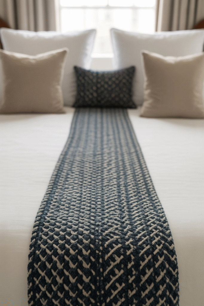 Neatly folded blanket styled as a center runner running down the middle of the bed, creating a long vertical line with soft neutral bedding.