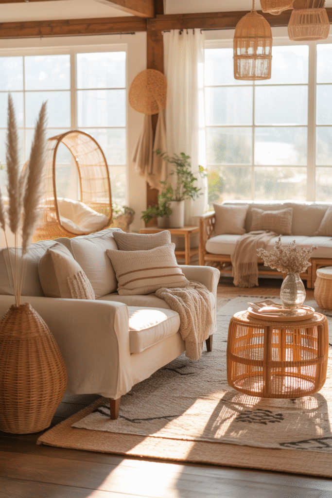 Warm boho farmhouse living room with natural textures, soft lighting, and neutral colors.