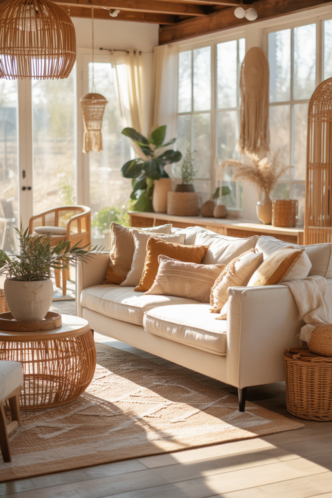 Warm boho farmhouse living room with natural textures, soft lighting, and neutral colors.
