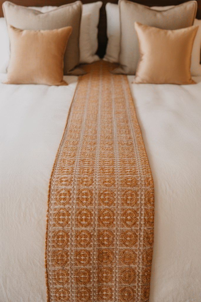 Neatly folded blanket styled as a center runner running down the middle of the bed, creating a long vertical line with soft neutral bedding.