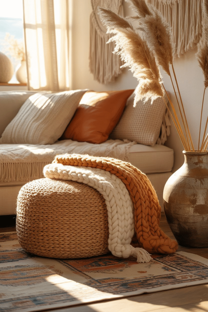 Corner view of a boho farmhouse living room styled with earthy tones and layered fabrics.