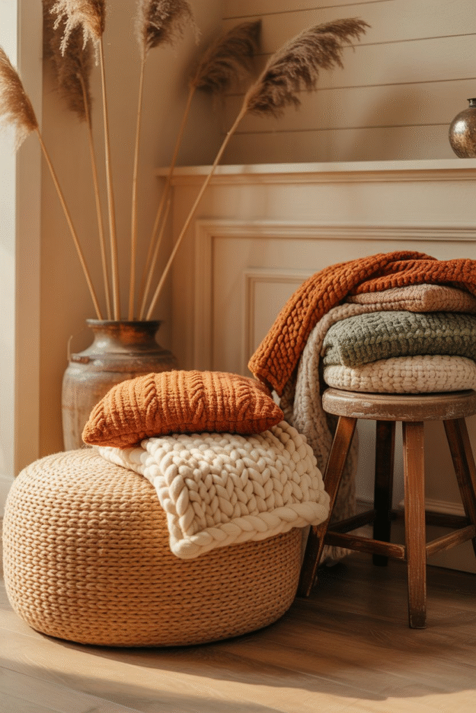 Corner view of a boho farmhouse living room styled with earthy tones and layered fabrics.