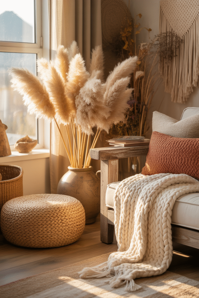 Corner view of a boho farmhouse living room styled with earthy tones and layered fabrics.
