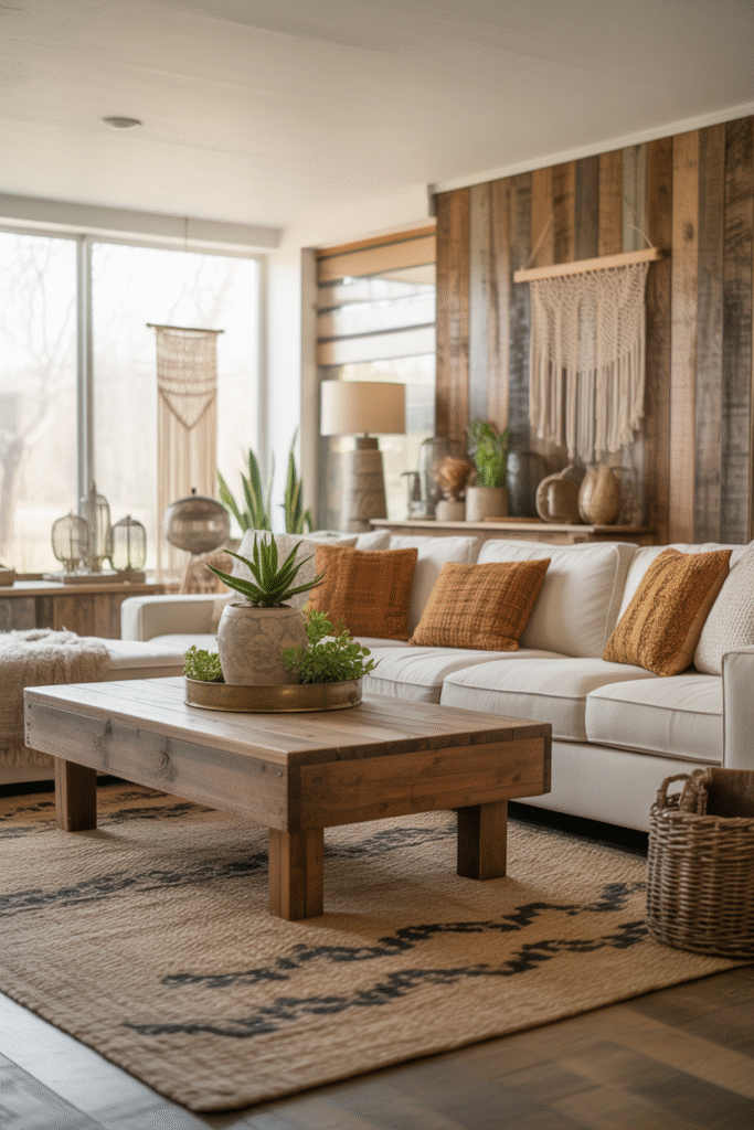 Blended modern and boho farmhouse living room with rustic wood furniture.