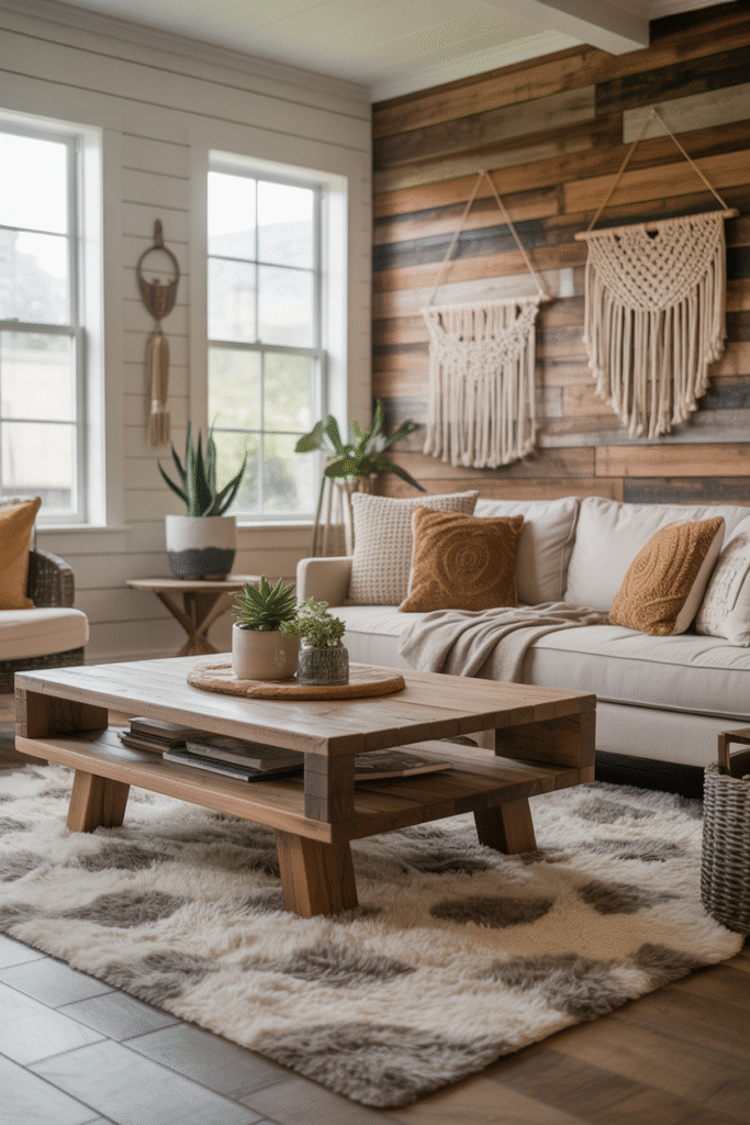 Blended modern and boho farmhouse living room with rustic wood furniture.