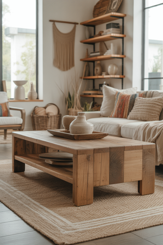 Blended modern and boho farmhouse living room with rustic wood furniture.