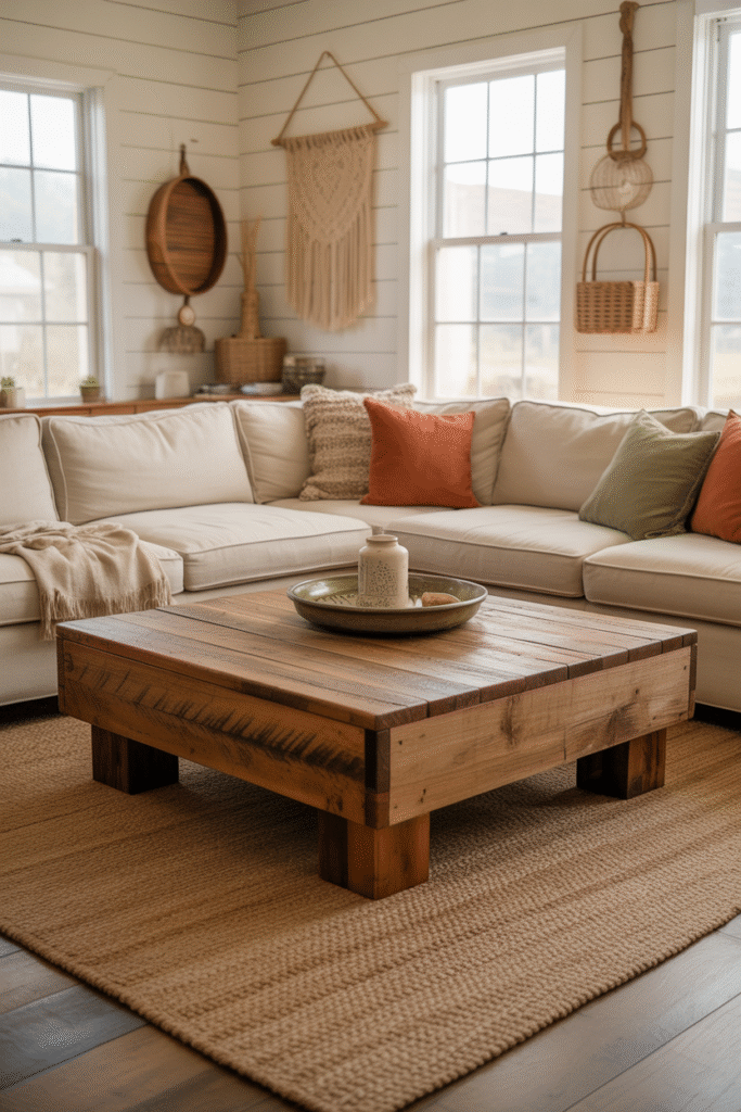 Blended modern and boho farmhouse living room with rustic wood furniture.