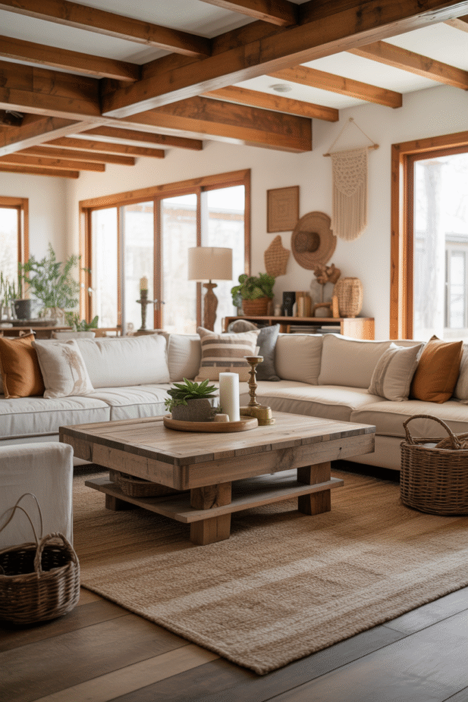 Blended modern and boho farmhouse living room with rustic wood furniture.