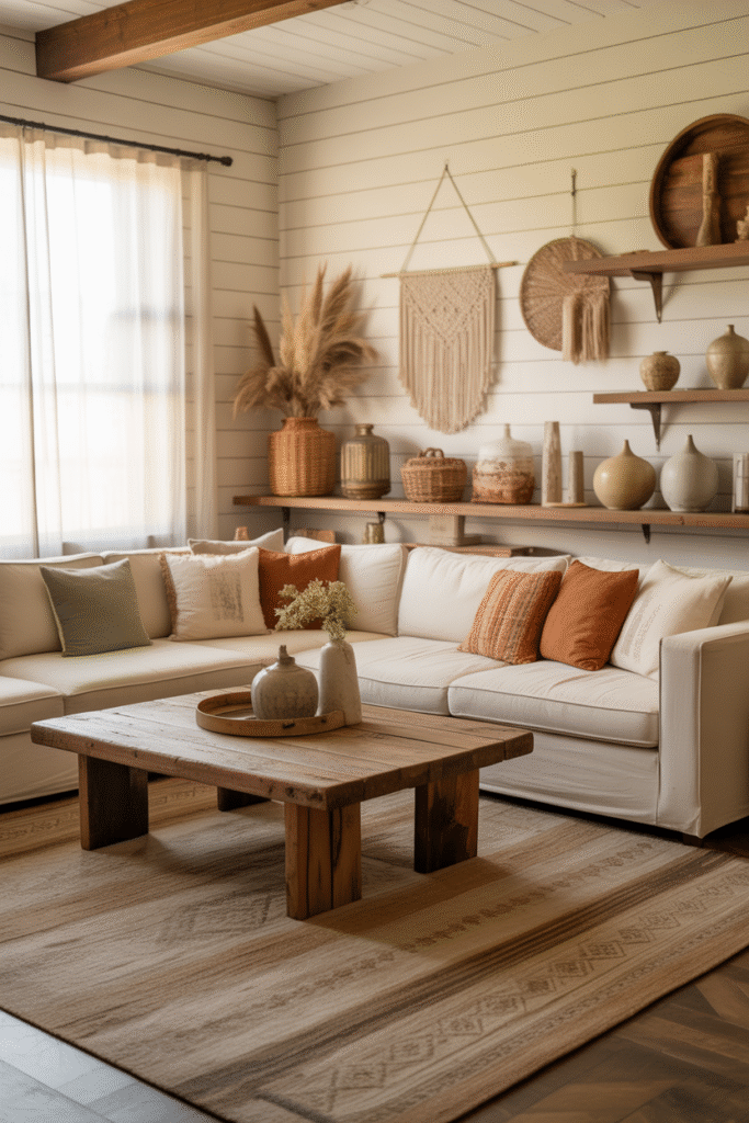 Blended modern and boho farmhouse living room with rustic wood furniture.