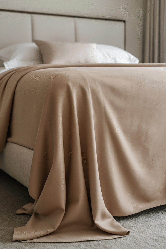 Stylish bed design featuring a soft-colored blanket folded off-center and cascading slightly over the foot for a soft, asymmetrical effect.