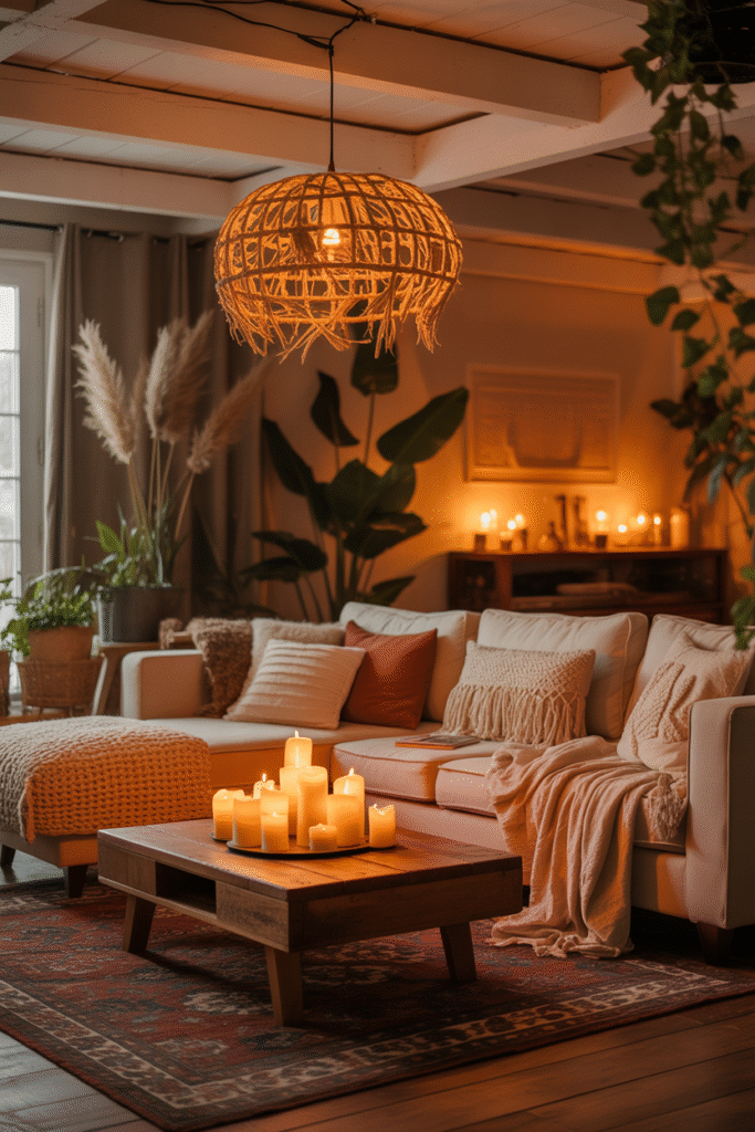 Warm and inviting boho farmhouse living room with soft lighting and cozy atmosphere.