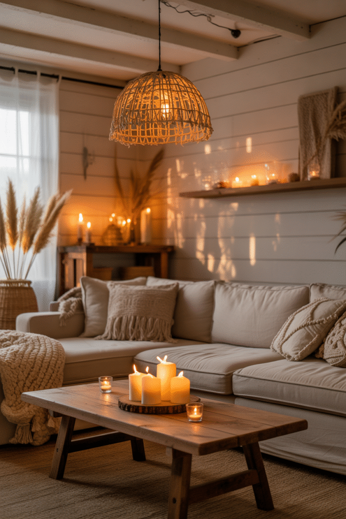 Warm and inviting boho farmhouse living room with soft lighting and cozy atmosphere.