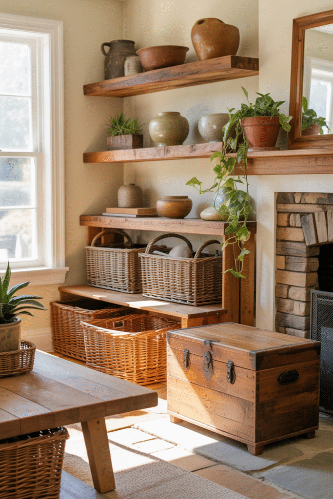 Functional yet stylish farmhouse storage with woven baskets and wood finishes.