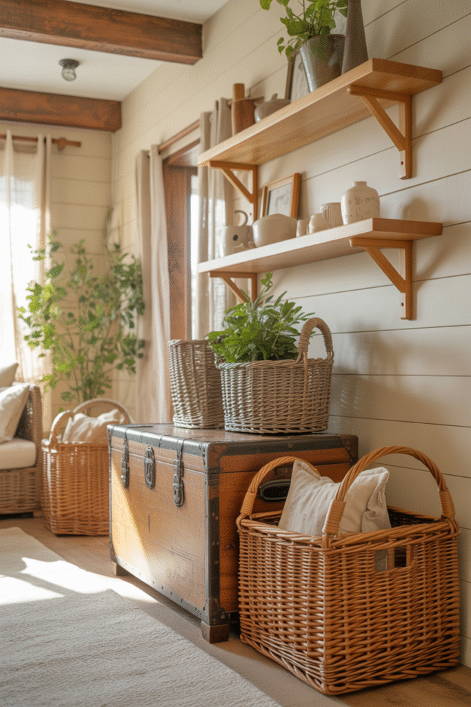 Functional yet stylish farmhouse storage with woven baskets and wood finishes.