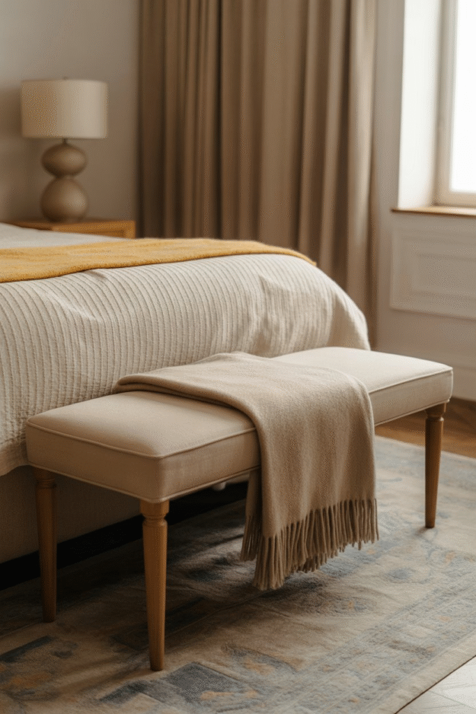 Blanket folded neatly across a bench at the foot of the bed.