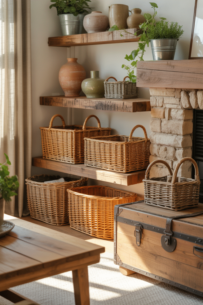 Functional yet stylish farmhouse storage with woven baskets and wood finishes.