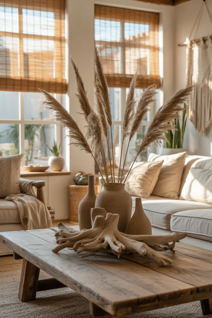 Nature-inspired farmhouse living room decor with organic and earthy elements.