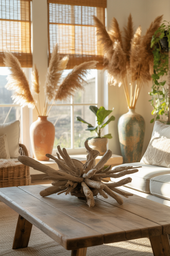 Nature-inspired farmhouse living room decor with organic and earthy elements.