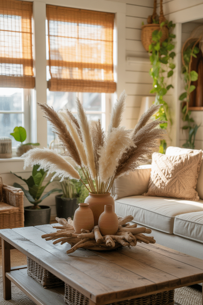 Nature-inspired farmhouse living room decor with organic and earthy elements.