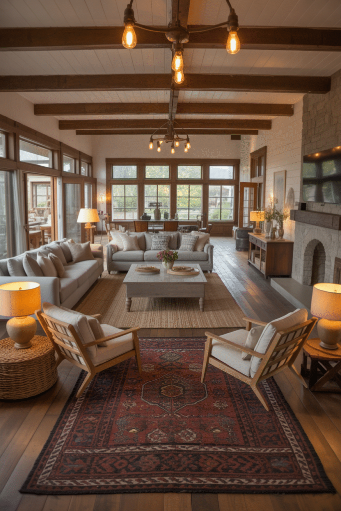 Balanced living room layout blending open space with cozy farmhouse styling.