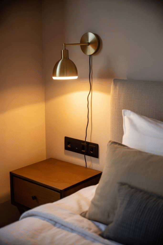 Bedroom with plug-in wall sconces and linen bedding creating a warm layered look