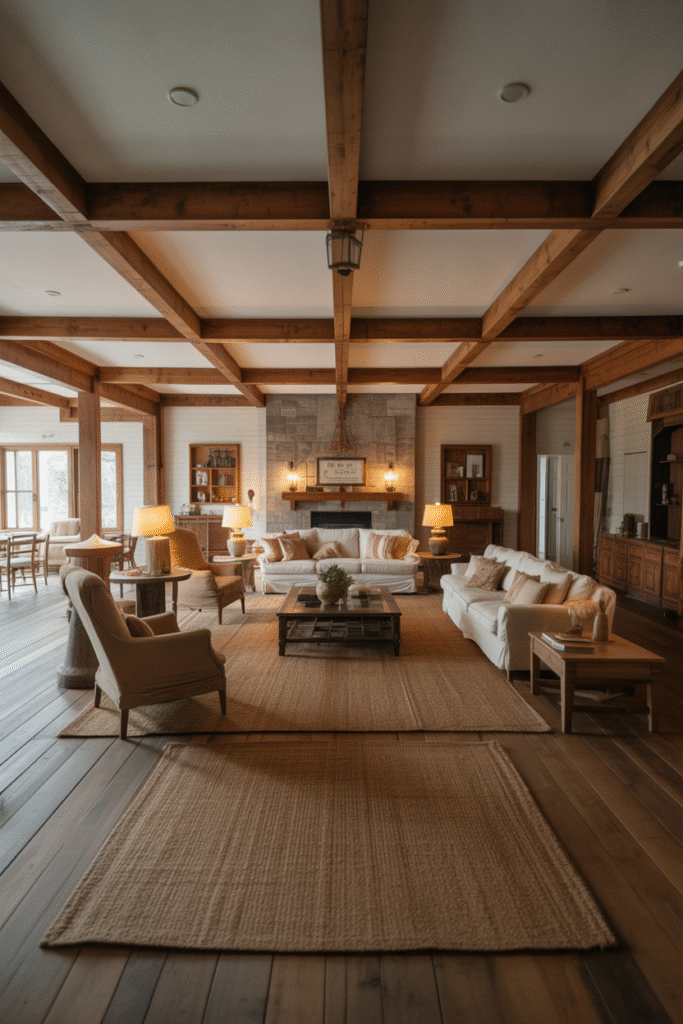 Balanced living room layout blending open space with cozy farmhouse styling.