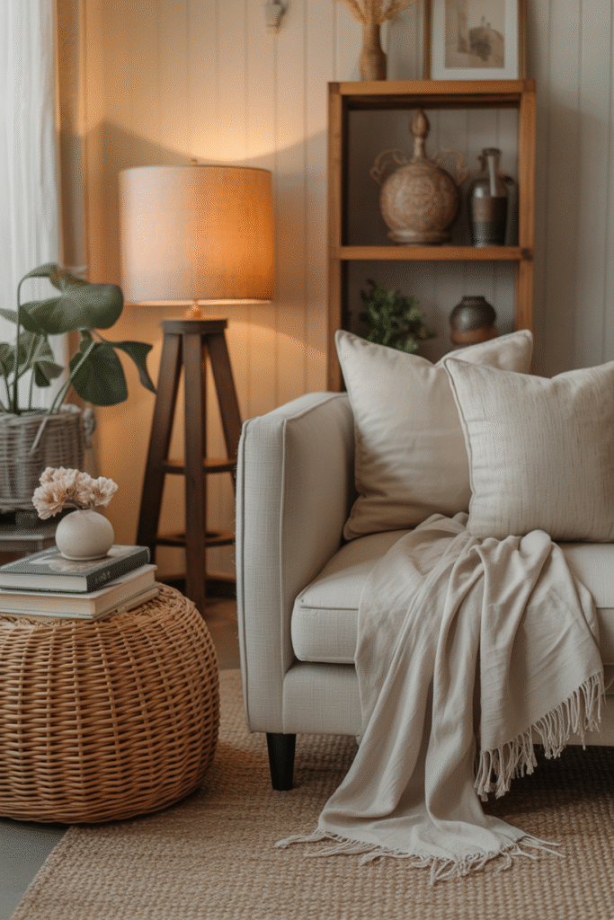 Textural details in a cozy boho farmhouse living room with layered materials.