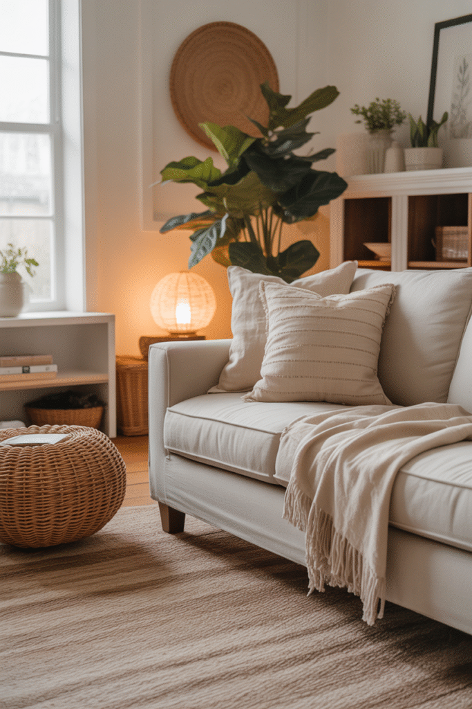 Textural details in a cozy boho farmhouse living room with layered materials.
