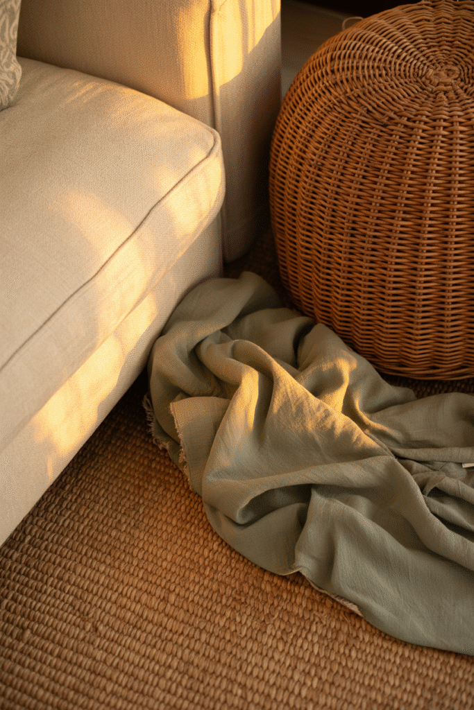 Textural details in a cozy boho farmhouse living room with layered materials.