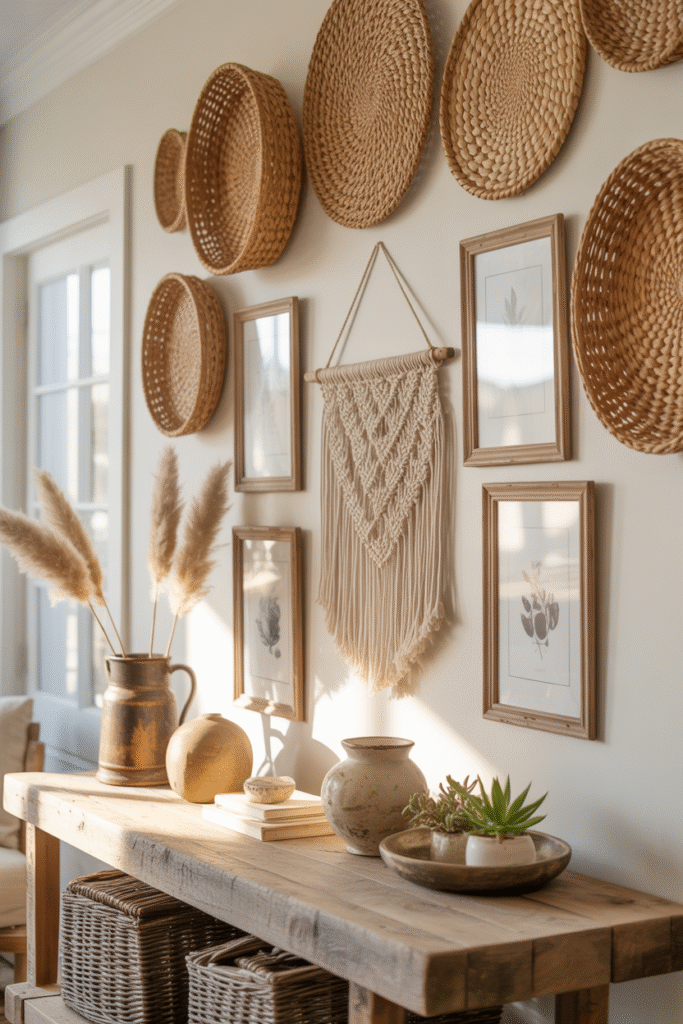 Wall decor in boho farmhouse style with handmade macrame and natural art.